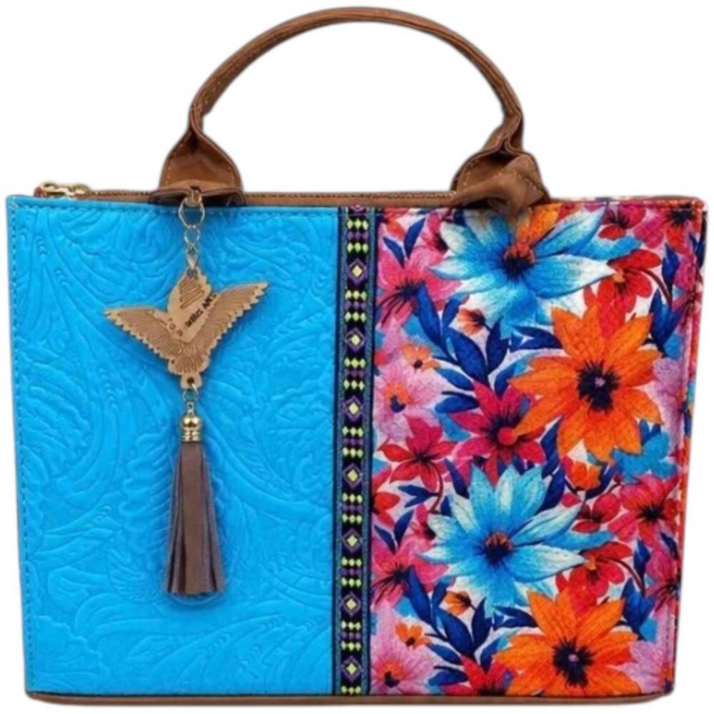 NEW GMCE GLOBAL TRADING artisan embroidered floral tote handbag in turquoise